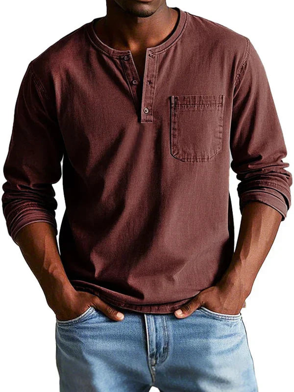 Men's Long Sleeve Shirt - Henley Neck and Chest Pocket