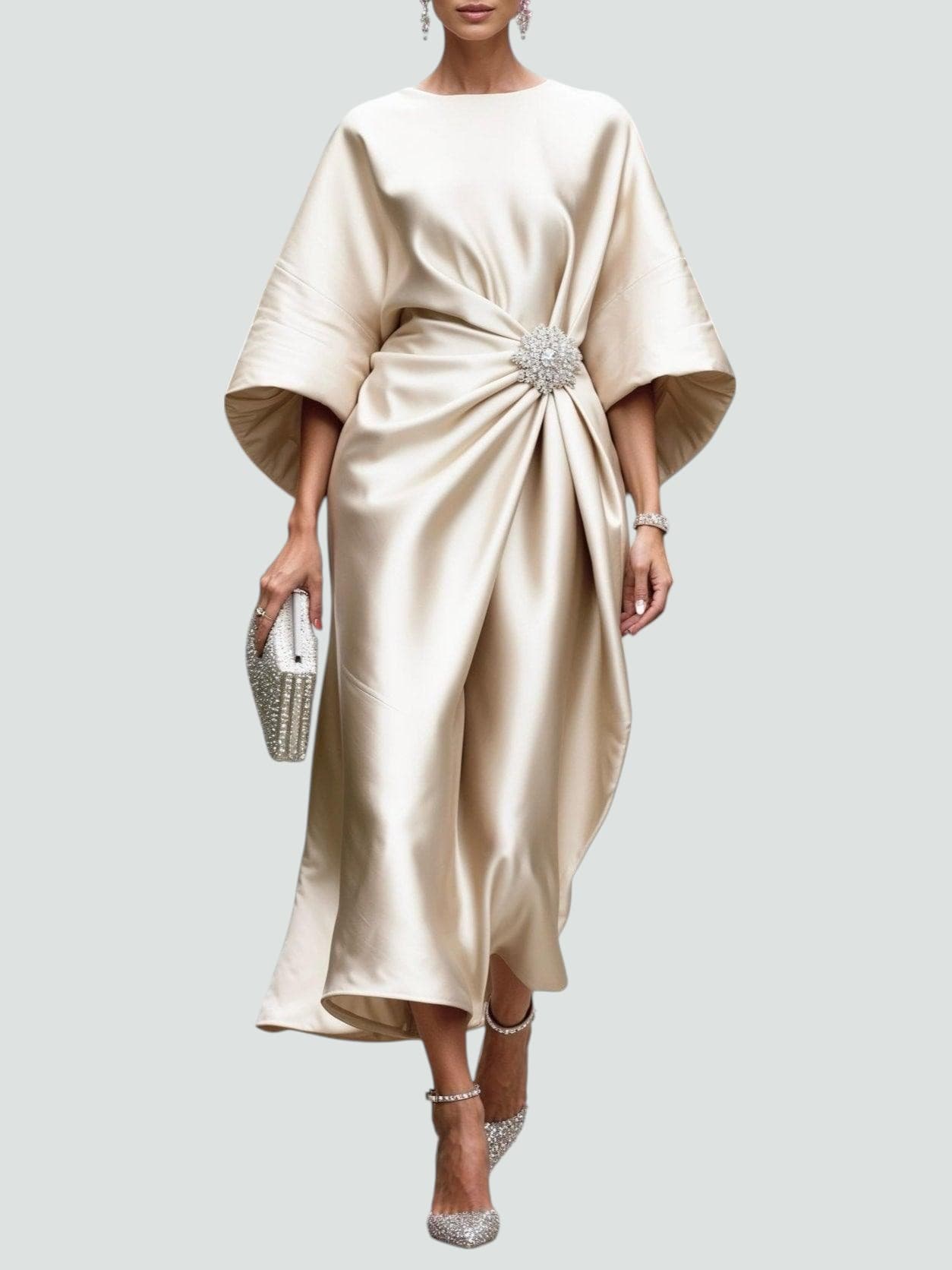 Women's Satin Kimono Sleeve Midi Dress – Brooch Waist, Draped, Formal Style