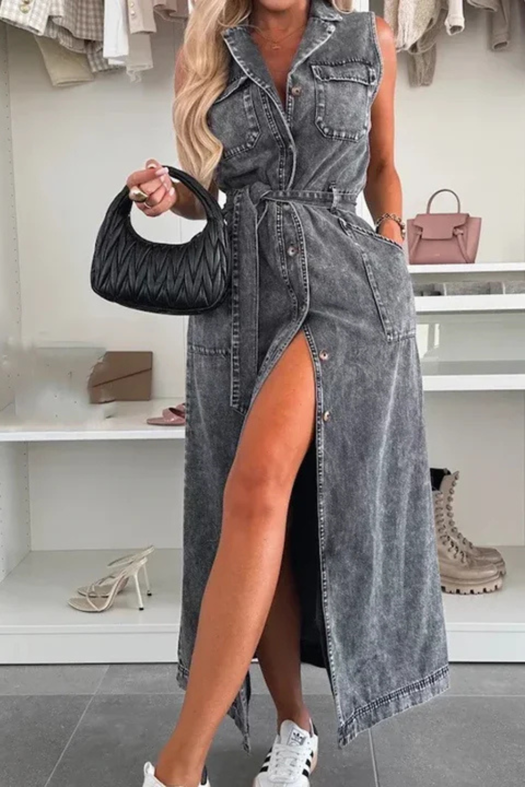 Women Sleeveless Belted Button Down Denim Maxi Dress with Split