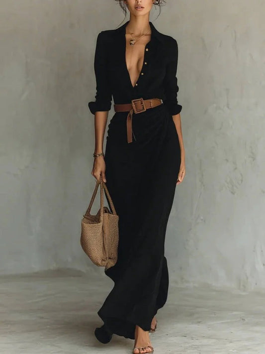 Women's Lapel Wrap Maxi Dress – Belted Waist, Long Sleeve, Elegant Style