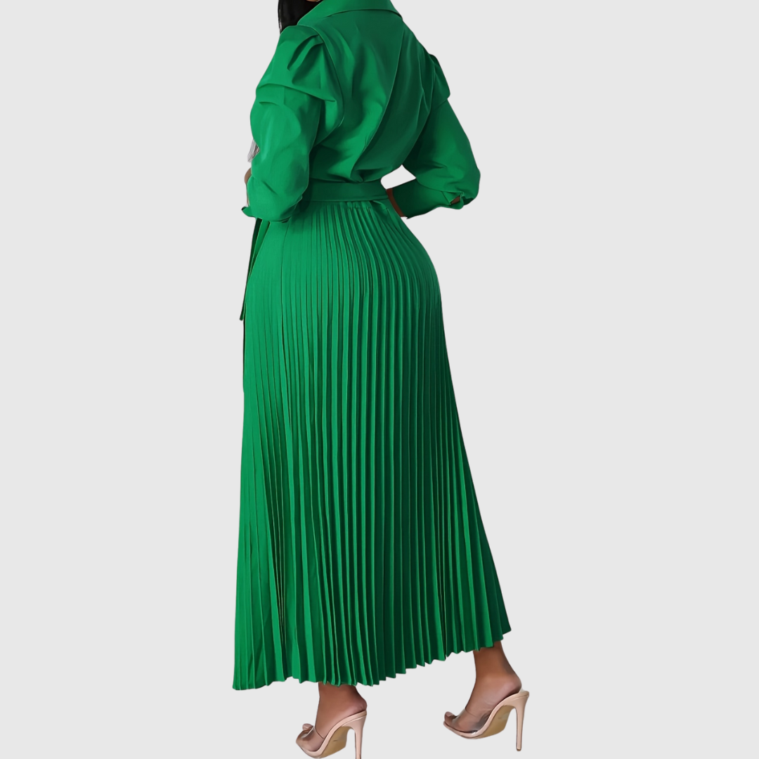 Women's Wrap Pleated Midi Dress – V-Neck, Tie Belt, Three-Quarter Sleeve