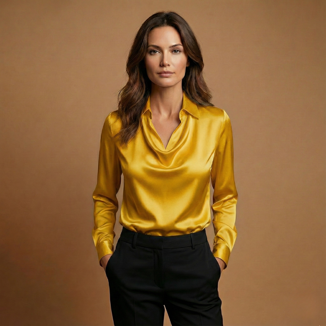 Women’s Blouse with Draped Collar and Long Sleeves