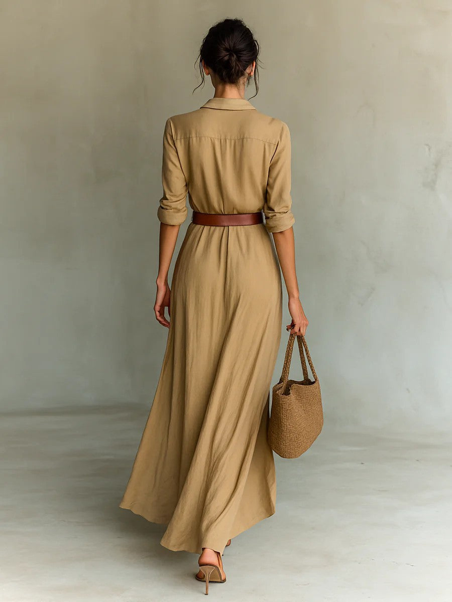 Women's Lapel Wrap Maxi Dress – Belted Waist, Long Sleeve, Elegant Style