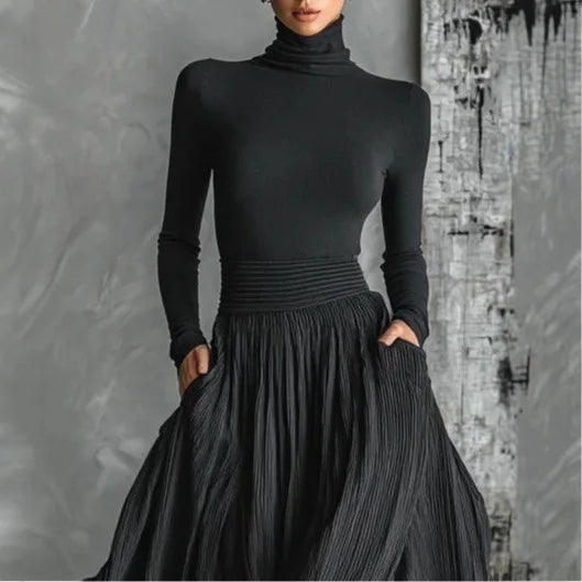 Women's High Waist Pleated Maxi Skirt & Fitted Shirt Set – Elegant Style