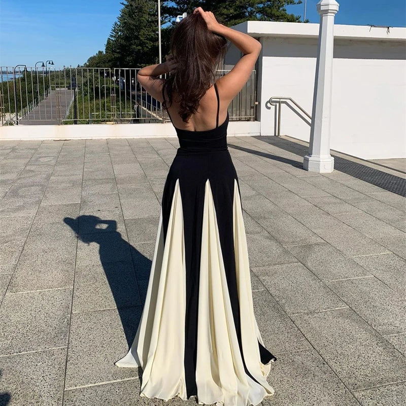 Women's Elegant Sweetheart Maxi Dress – Fitted Bodice, Two-Tone Formal Style
