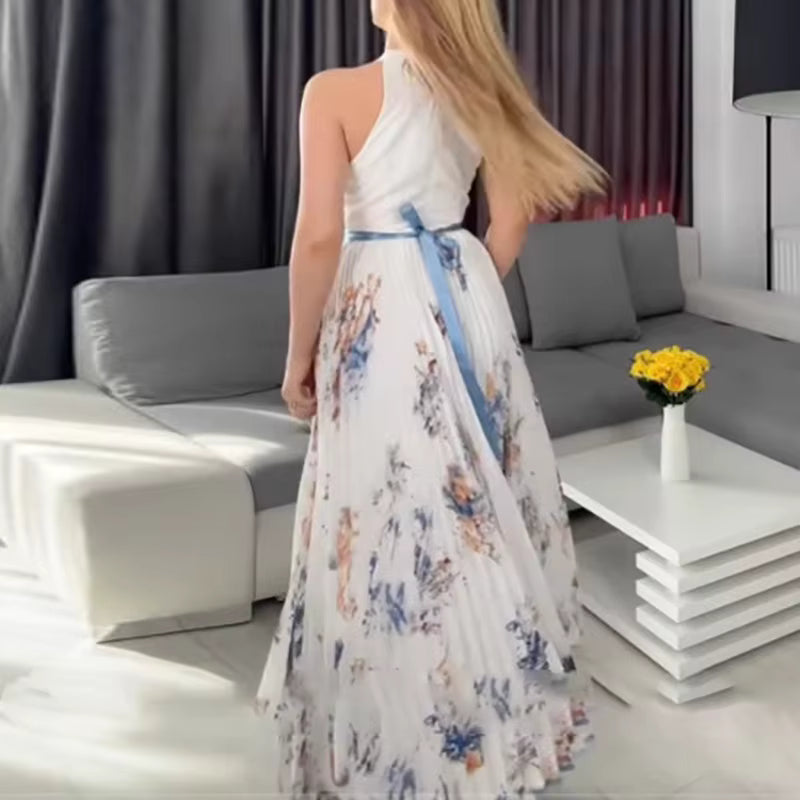 Women's Floral Pleated Maxi Dress – V-Neck, Ribbon Waist, Long Sleeve Style