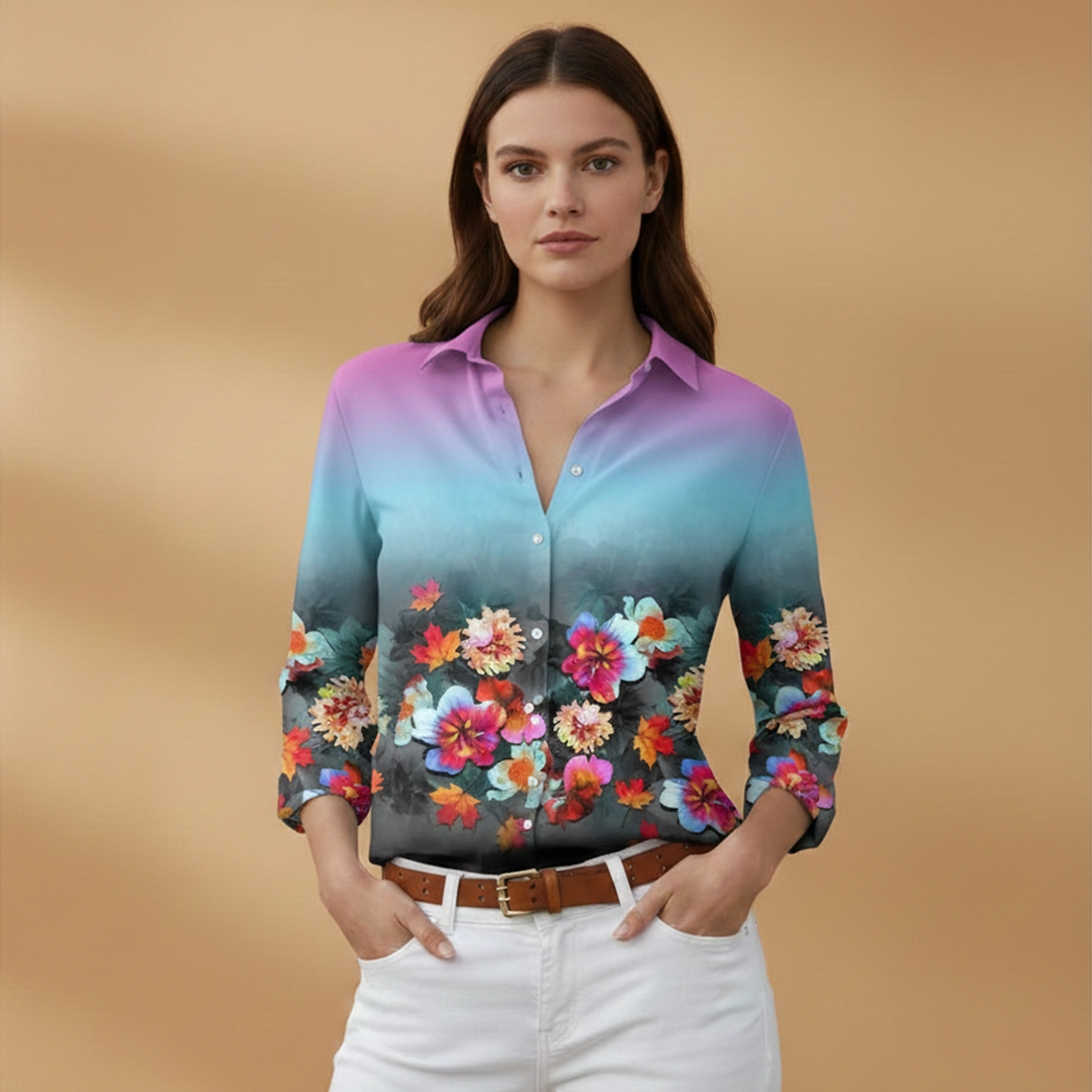 Women's Blouse with Floral and Colourblock Design for Casual Wear