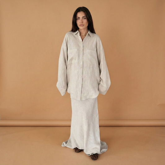Women’s Shirt and Skirt Set with Classic Collar and Loose Fit