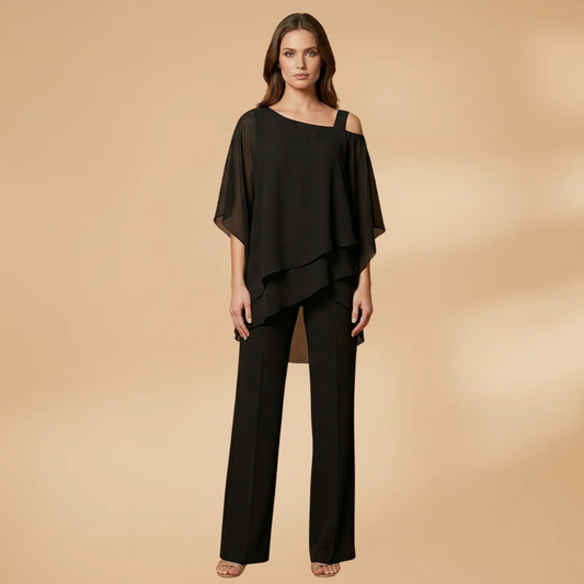 Women's Two-Piece Set with Layered Top and Wide Trousers