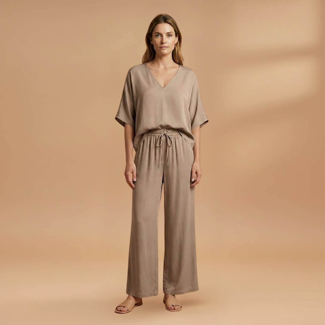 Women's Two-Piece Set with V-Neck and Wide-Leg Pants
