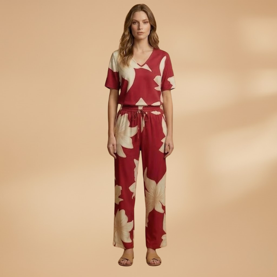 Women’s Two‑Piece Set with Floral Top and Wide Trousers