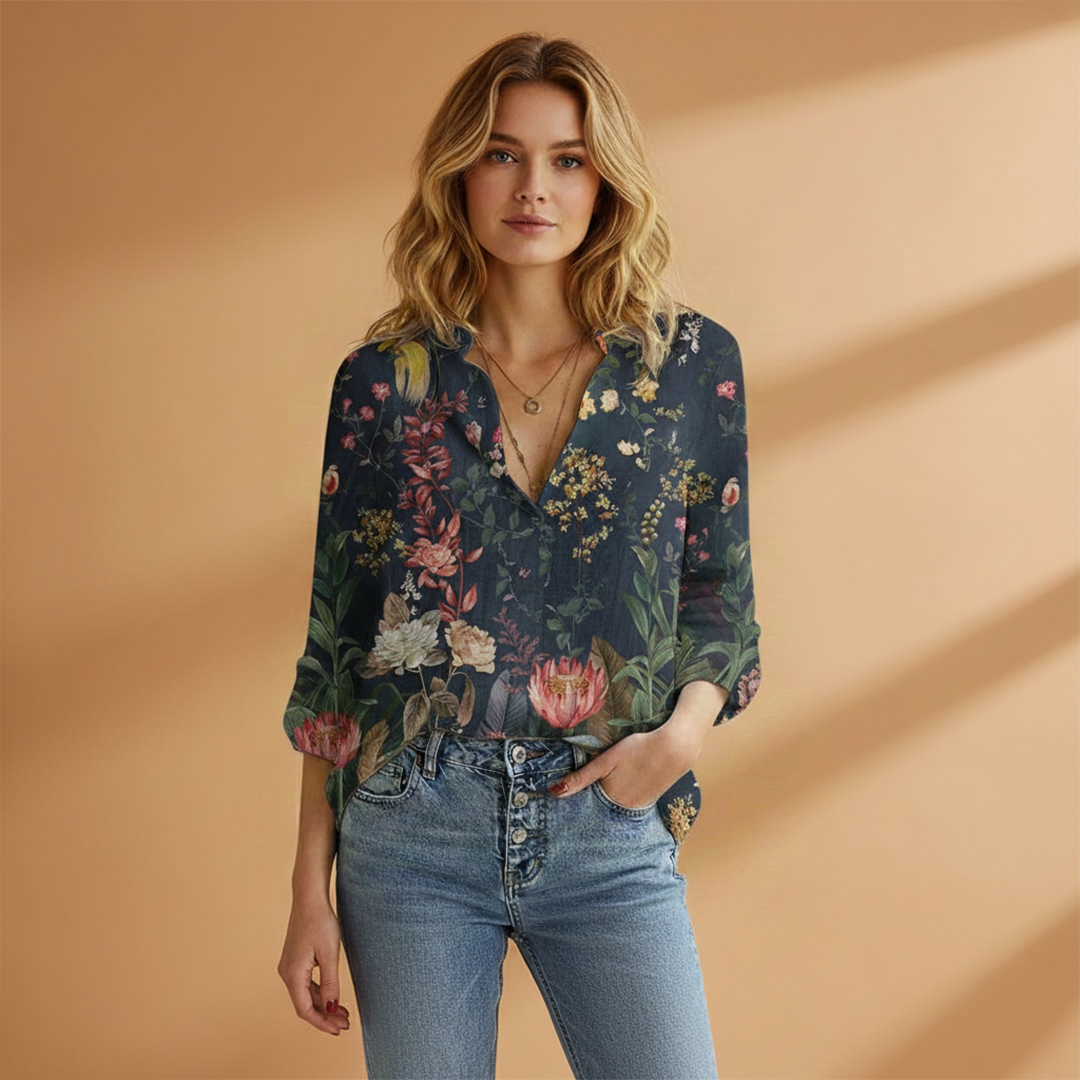 Women's V-Neck Blouse with Butterfly Print and Loose Fit