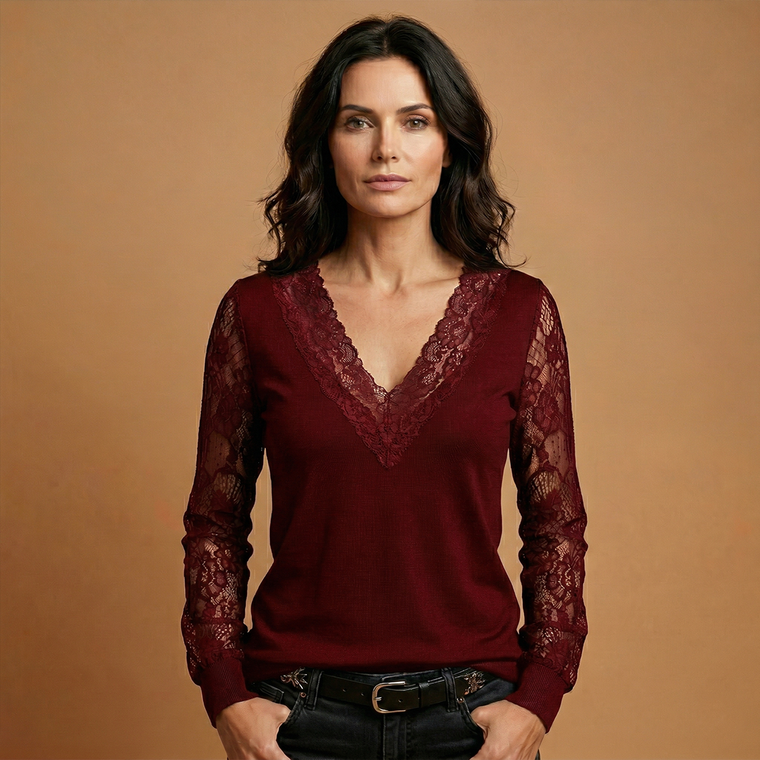 Women's V-Neck Blouse with Lace Sleeves and Lace Inserts