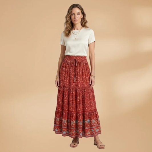 Women's Floral Maxi Skirt with Elastic Waistband