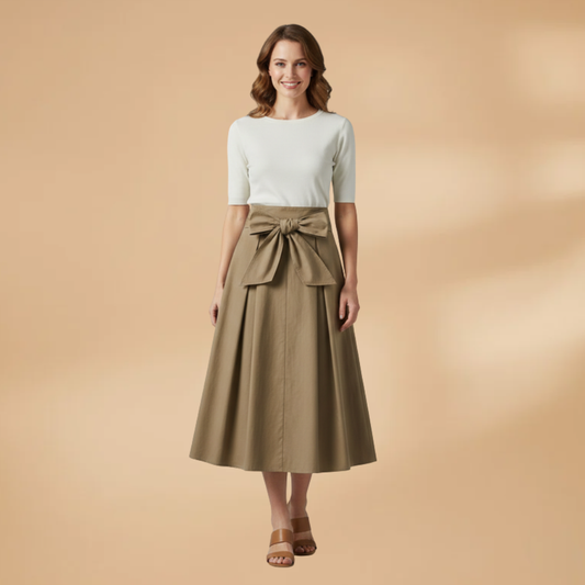 Women's High-Waisted Midi Skirt with Bow Detail and Pleated Design