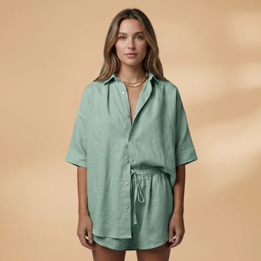 Women's Two-Piece Set with Button Placket and Drawstring Shorts