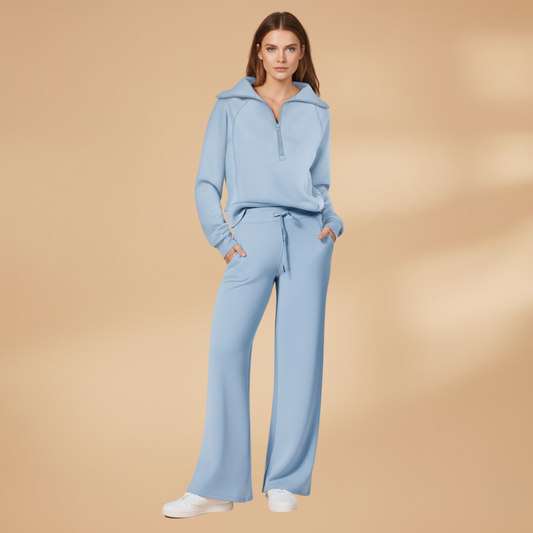 Women’s Two-Piece Set with Long Sleeve Top – Straight Leg Trousers