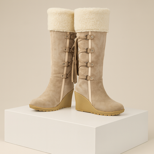 Elissa | Women's Knee-High Boots - Wedge Heel with Fold-Over Cuff and Tassel Tie