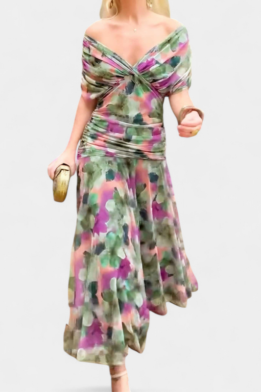 Women's Off-Shoulder Ruched Evening Dress – Flowing Skirt, Elegant Formal
