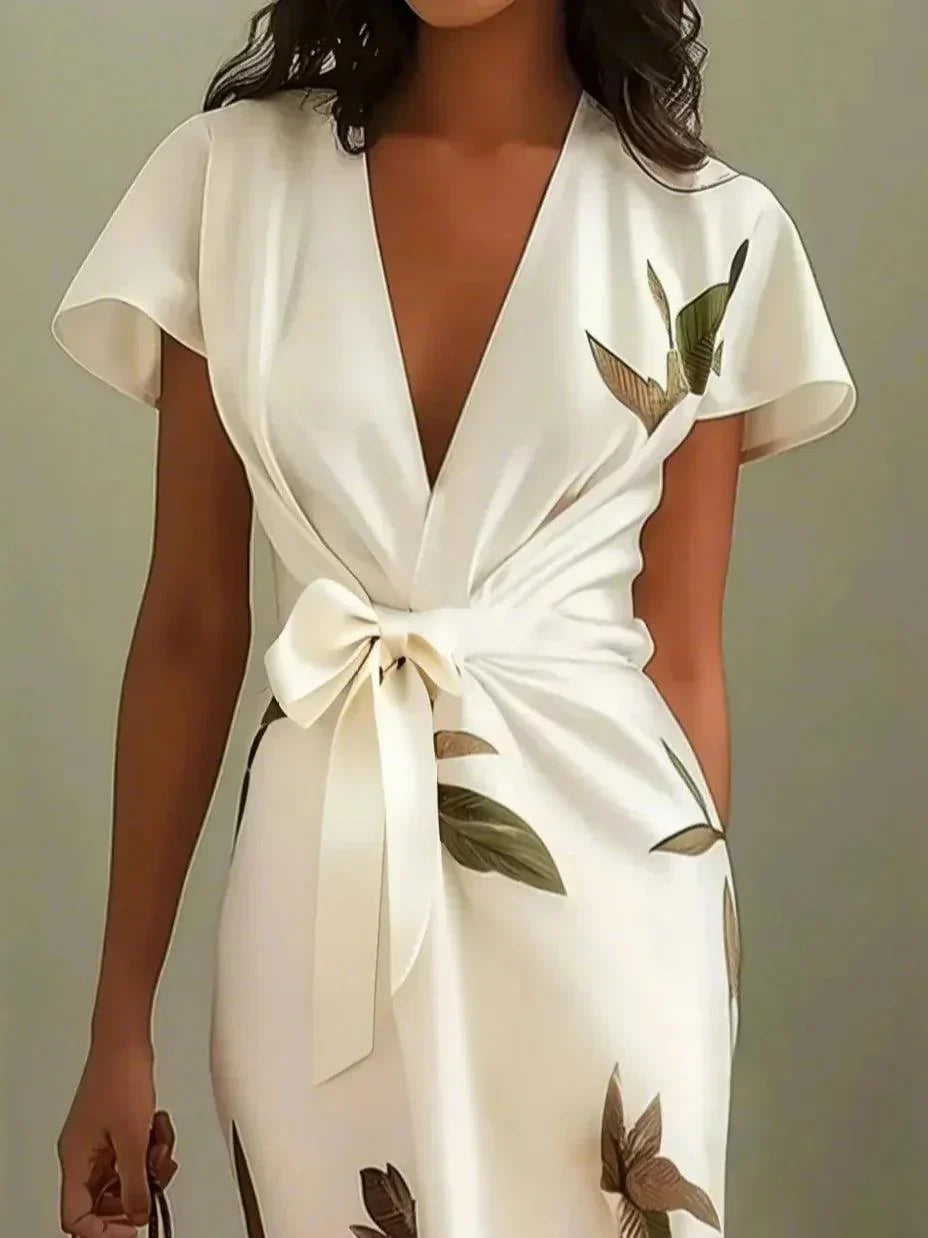 Women's Elegant Wrap Dress – V-Neck, Flutter Sleeve, Leaf Print, Tied Waist
