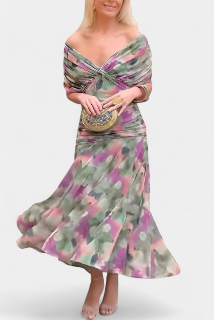 Women's Off-Shoulder Ruched Evening Dress – Flowing Skirt, Elegant Formal