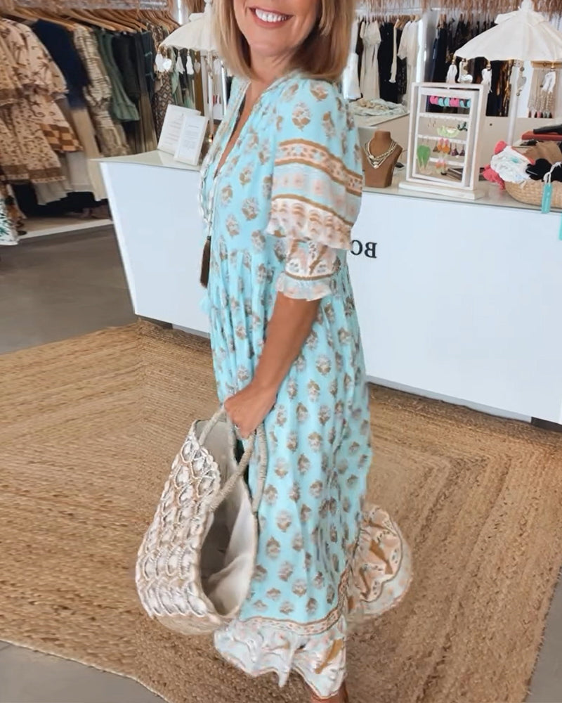 Women Printed V Neck Midi Dress