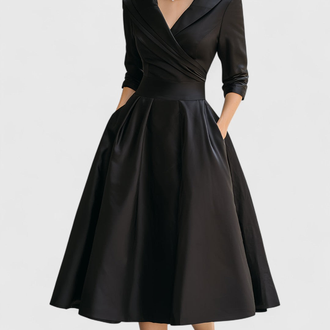 Women's V-Neck Wrap Bodice Midi Dress – 3/4 Sleeve, Flared Skirt, Elegant