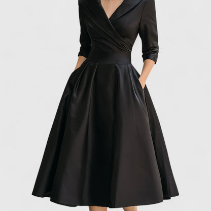 Women's V-Neck Wrap Bodice Midi Dress – 3/4 Sleeve, Flared Skirt, Elegant