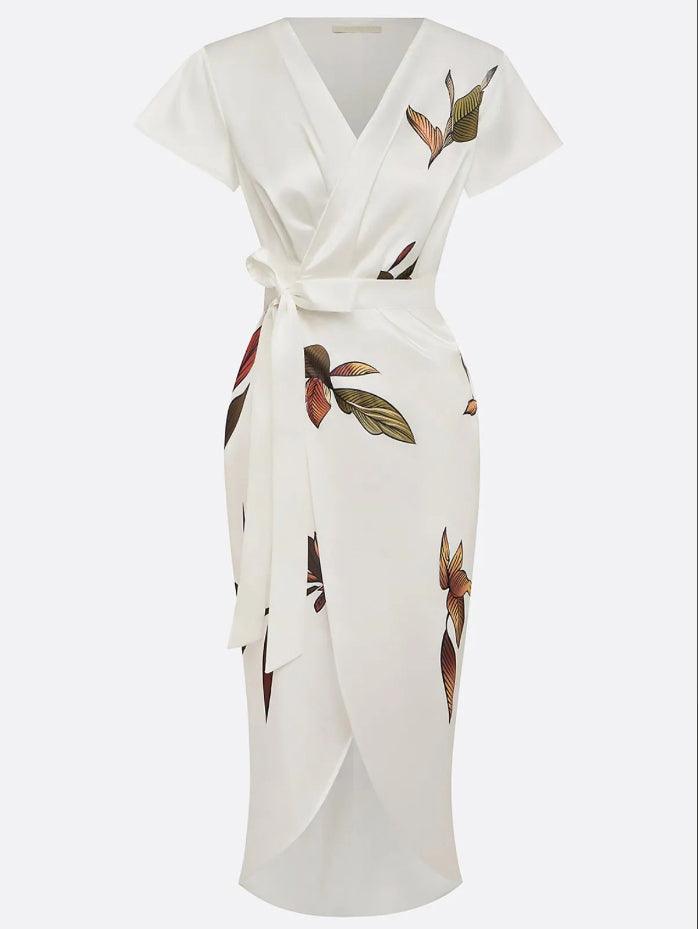 Women's Elegant Wrap Dress – V-Neck, Flutter Sleeve, Leaf Print, Tied Waist