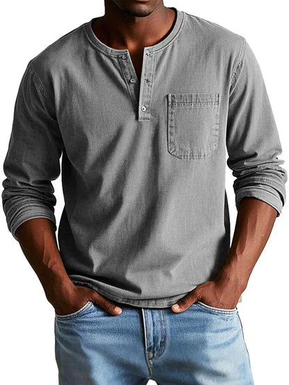 Men's Long Sleeve Shirt - Henley Neck and Chest Pocket