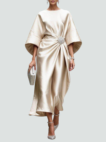 Women's Satin Kimono Sleeve Midi Dress – Brooch Waist, Draped, Formal Style