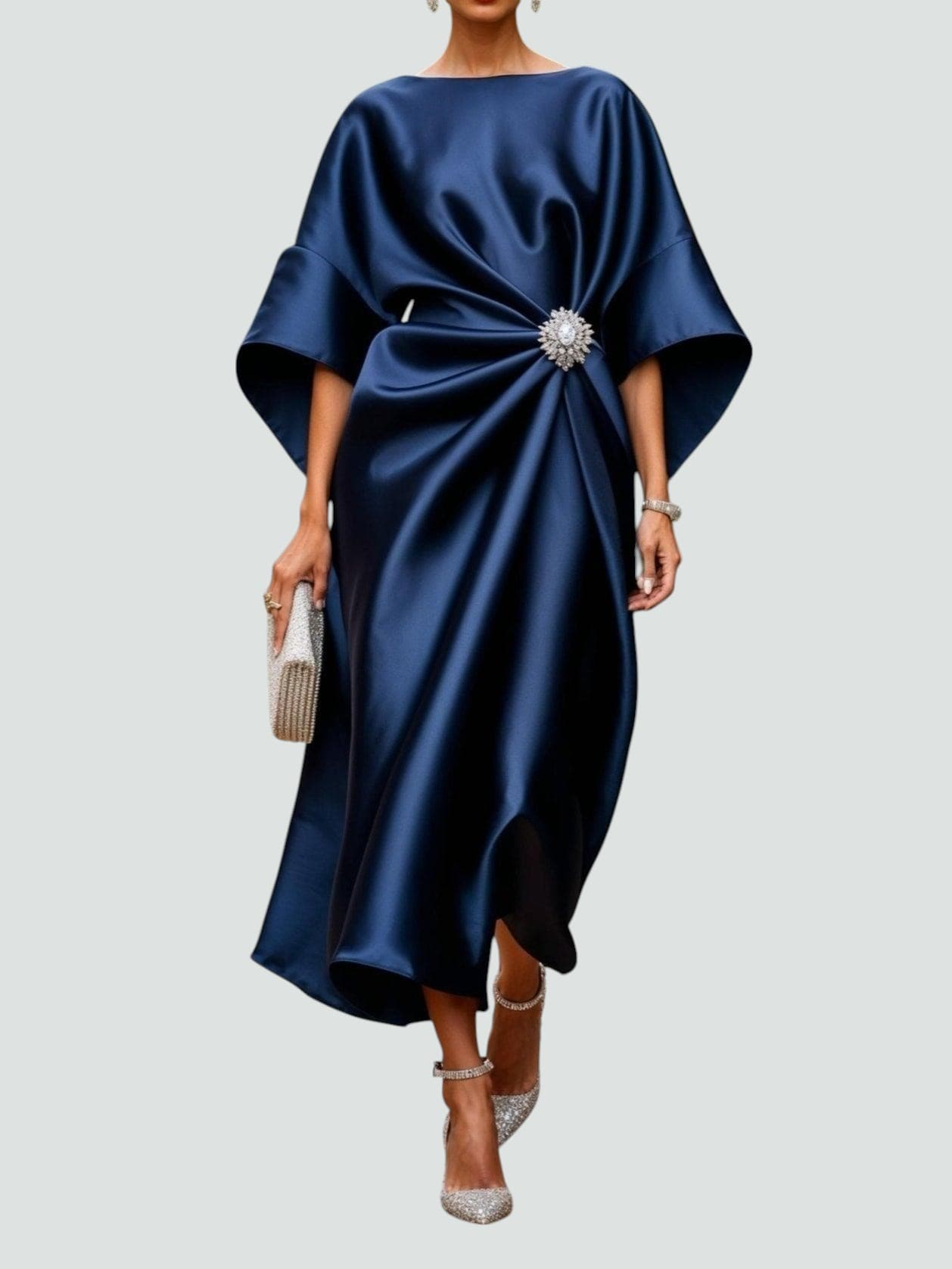 Women's Satin Kimono Sleeve Midi Dress – Brooch Waist, Draped, Formal Style