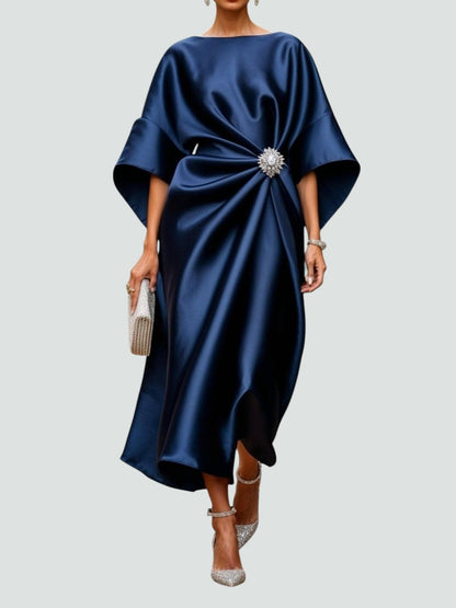 Women's Satin Kimono Sleeve Midi Dress – Brooch Waist, Draped, Formal Style