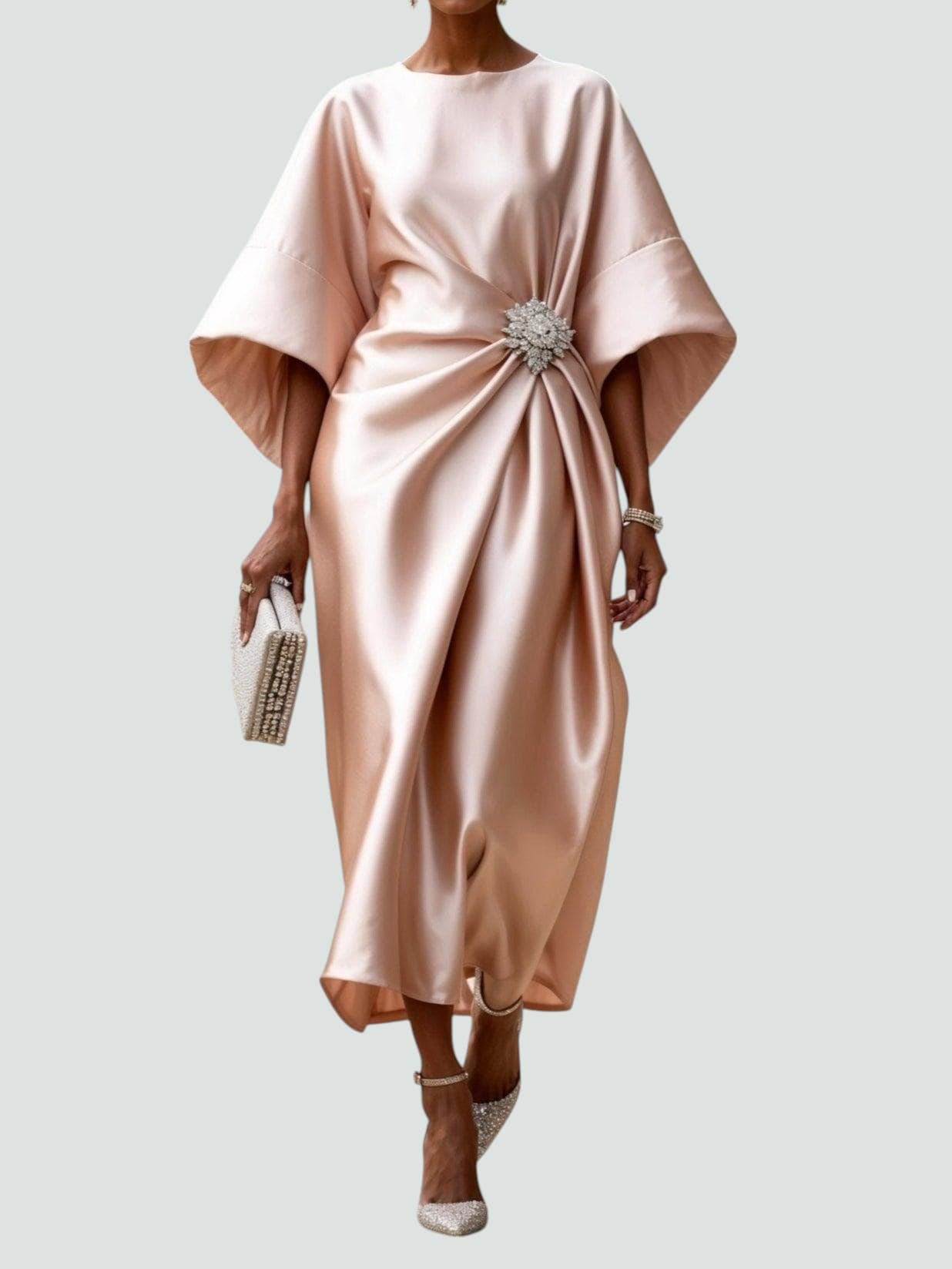 Women's Satin Kimono Sleeve Midi Dress – Brooch Waist, Draped, Formal Style