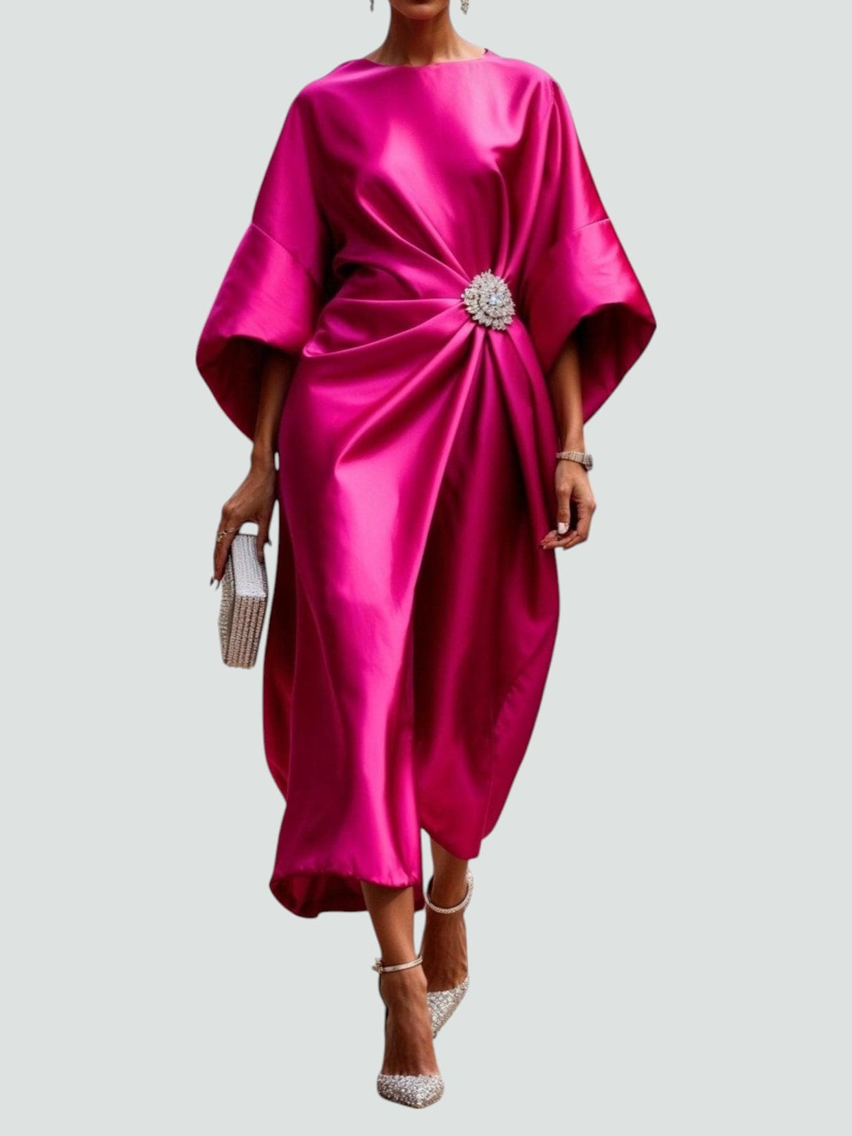 Women's Satin Kimono Sleeve Midi Dress – Brooch Waist, Draped, Formal Style