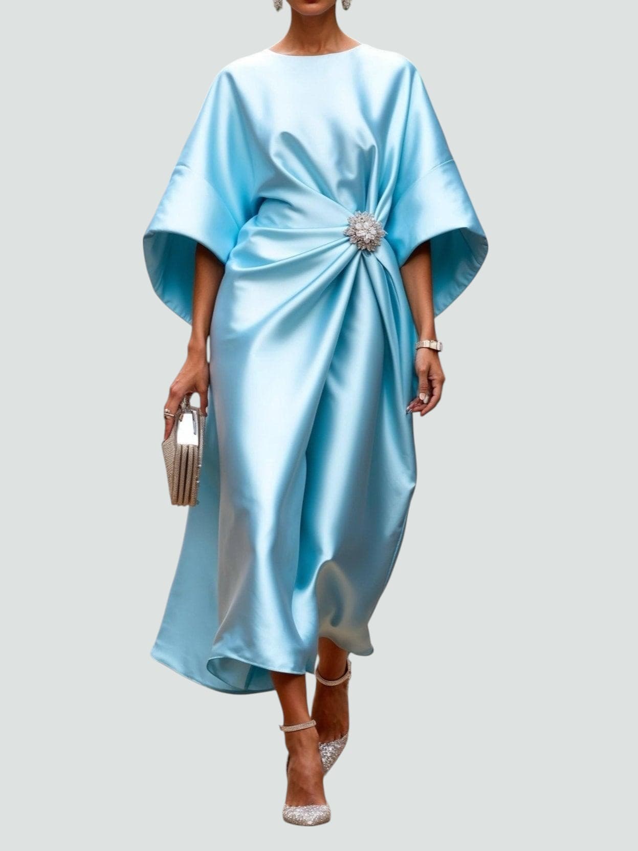Women's Satin Kimono Sleeve Midi Dress – Brooch Waist, Draped, Formal Style