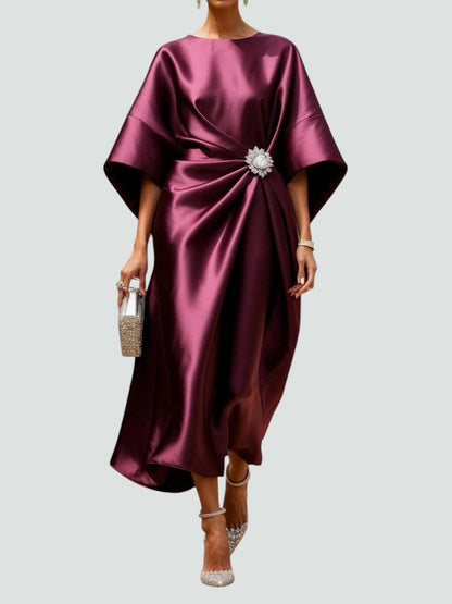 Women's Satin Kimono Sleeve Midi Dress – Brooch Waist, Draped, Formal Style