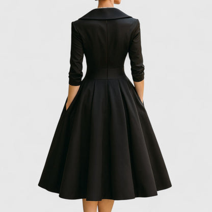Women's V-Neck Wrap Bodice Midi Dress – 3/4 Sleeve, Flared Skirt, Elegant