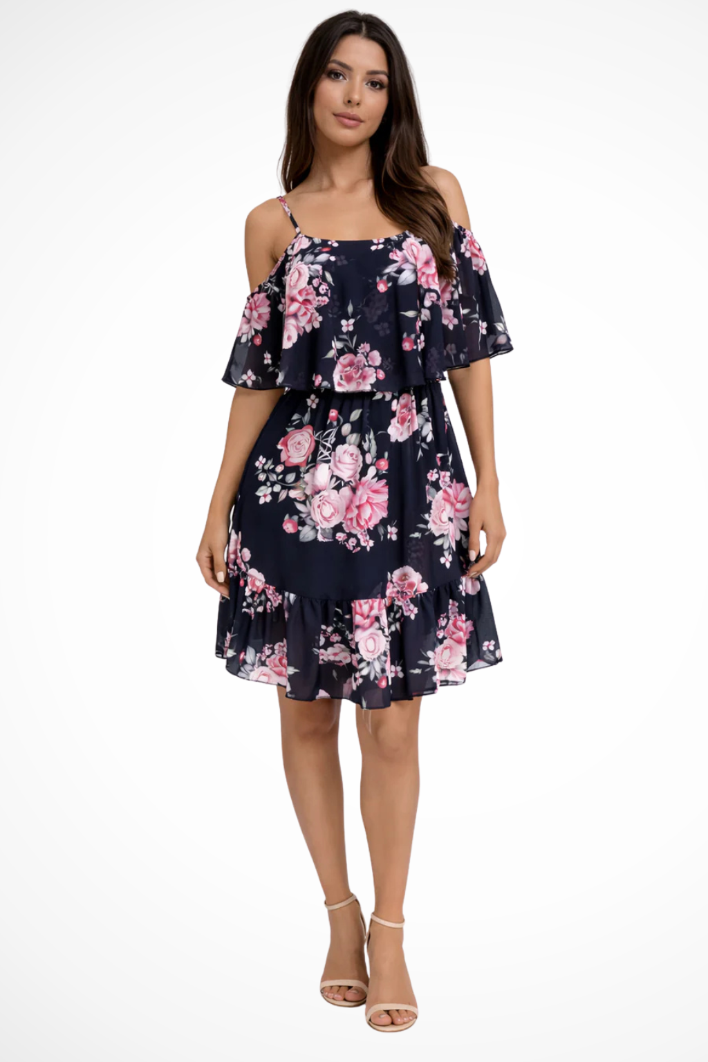 Women Off Shoulder Floral Chiffon Ruffle Mini Boho Dress