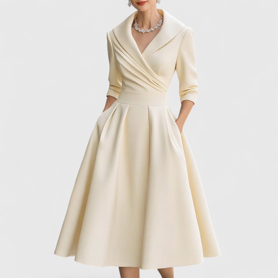 Women's V-Neck Wrap Bodice Midi Dress – 3/4 Sleeve, Flared Skirt, Elegant