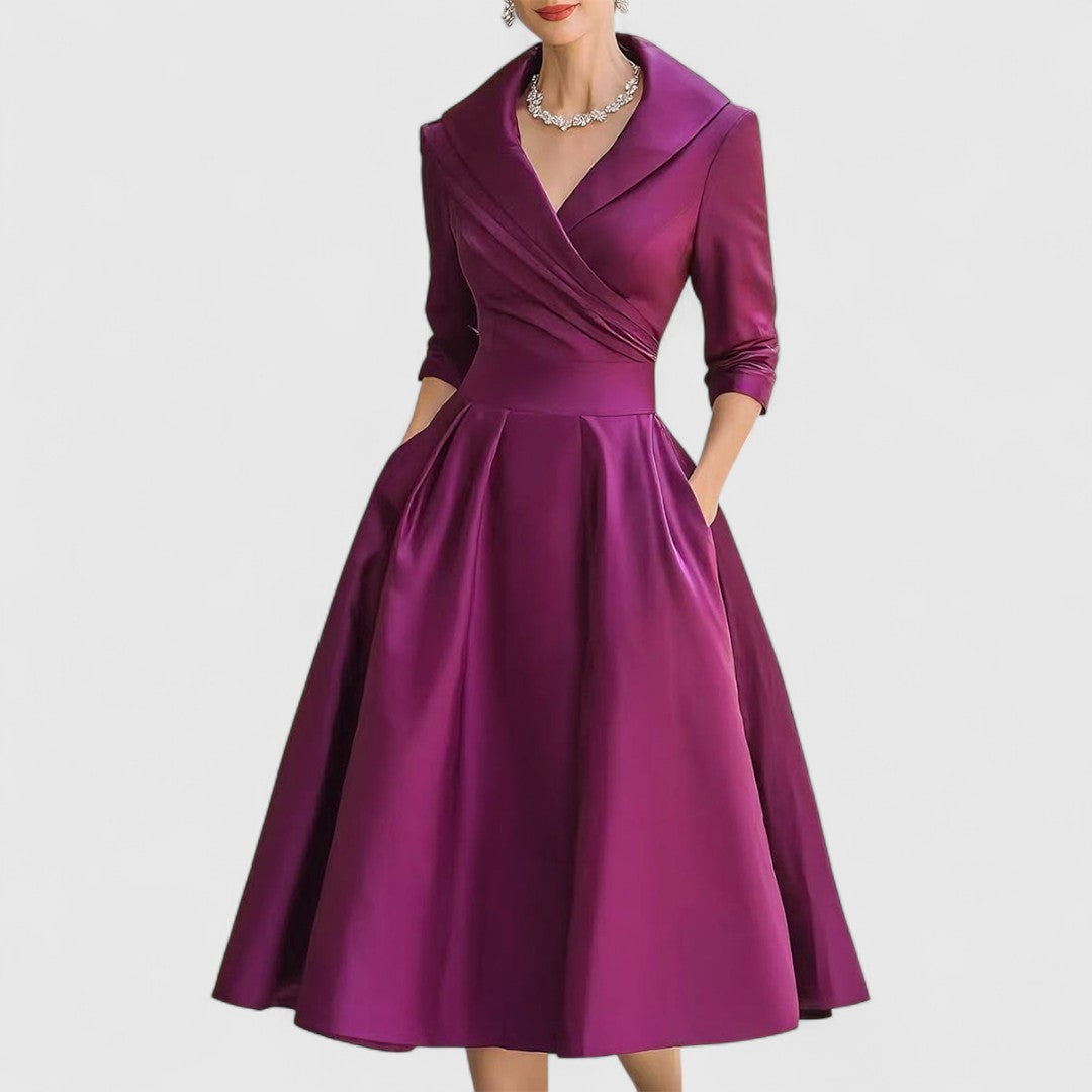 Women's V-Neck Wrap Bodice Midi Dress – 3/4 Sleeve, Flared Skirt, Elegant