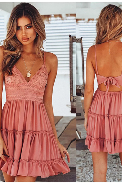 Women’s White Lace Summer Midi Dress with Spaghetti Straps & Open Back