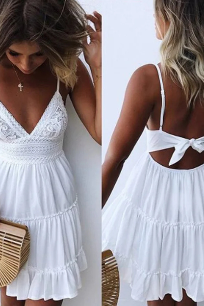 Women’s White Lace Summer Midi Dress with Spaghetti Straps & Open Back