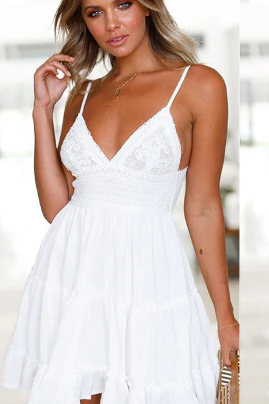Women’s White Lace Summer Midi Dress with Spaghetti Straps & Open Back