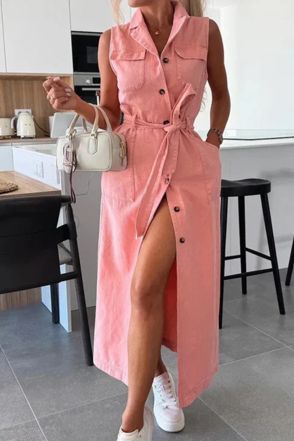 Women Sleeveless Belted Button Down Denim Maxi Dress with Split