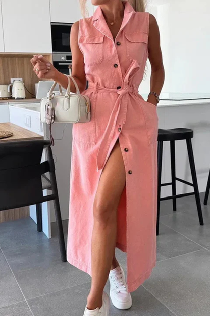 Women Sleeveless Belted Button Down Denim Maxi Dress with Split