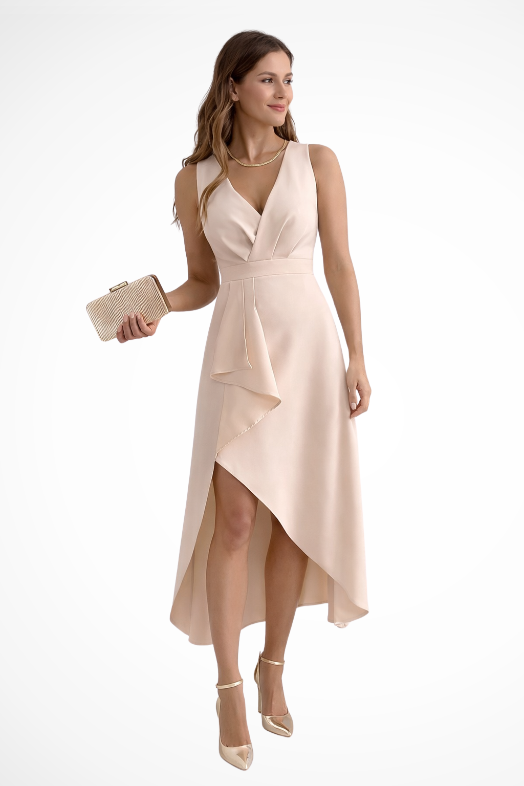 Women’s Sleeveless Wrap Style Midi Wedding Guest Dress with Asymmetric Hem