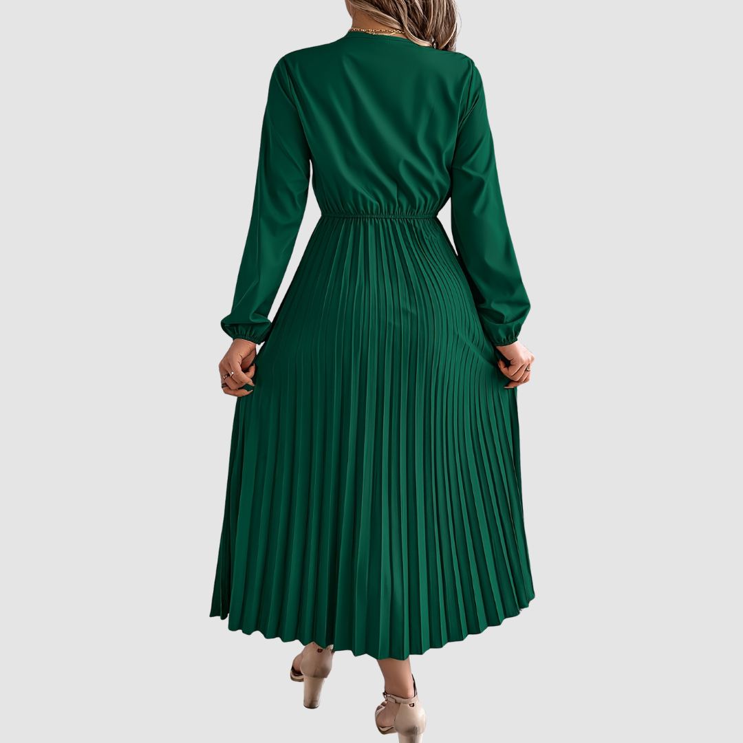 Women's Lace V-Neck A-Line Dress – Long Sleeve, Pleated, Autumn Winter Style