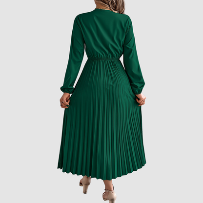 Women's Lace V-Neck A-Line Dress – Long Sleeve, Pleated, Autumn Winter Style