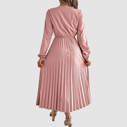 Women's Lace V-Neck A-Line Dress – Long Sleeve, Pleated, Autumn Winter Style